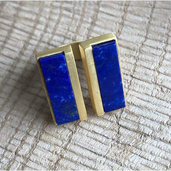Double Lapis Lazuli Gemstone Gold Plated Adjustable Ring Size 6 (51 mm) Blue - Picture 1 of 7